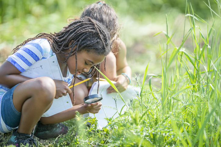 Two children in a field observing plants with a magnifying glass