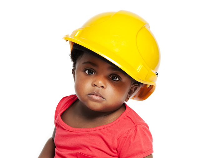 a baby in a hard-hat